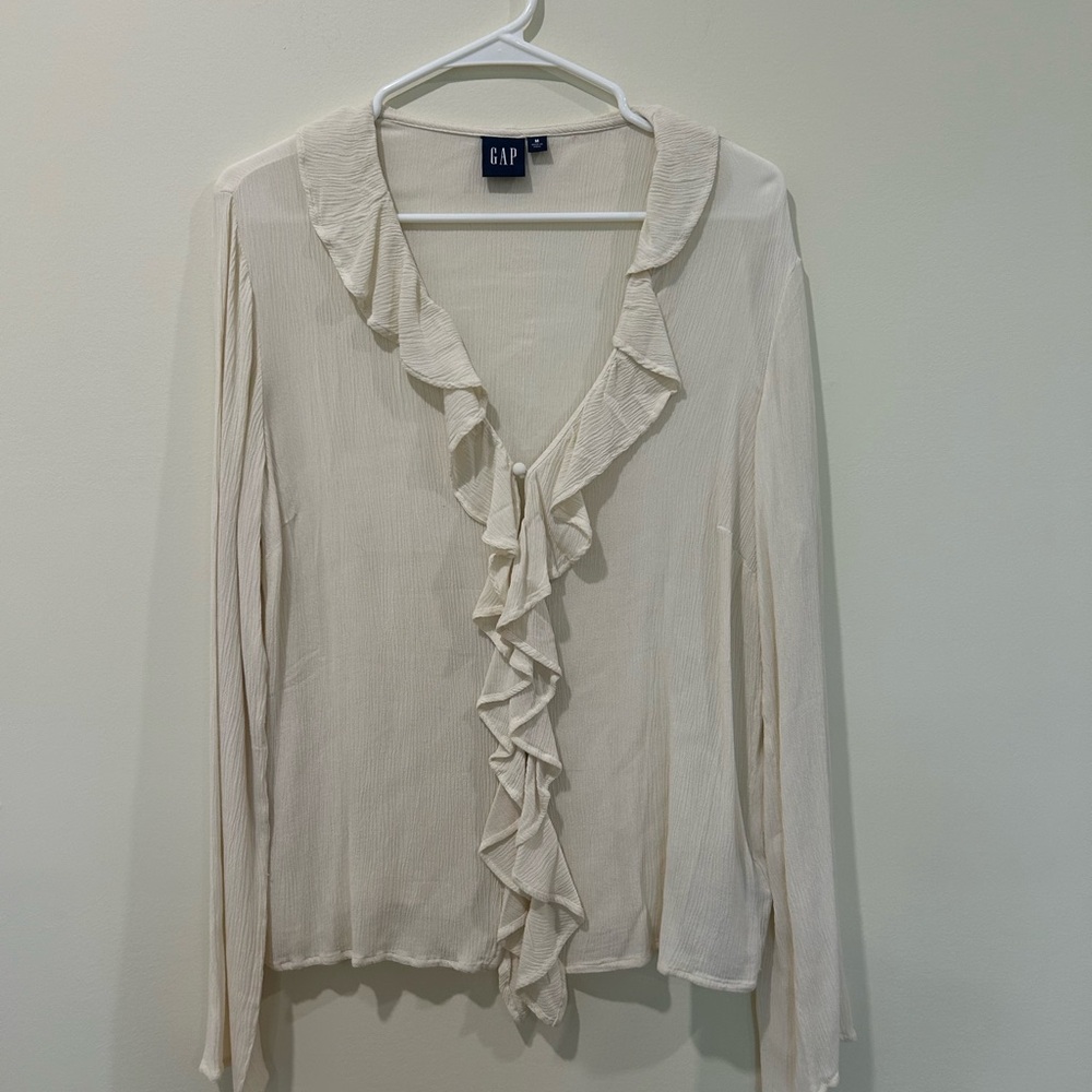GAP Cream Ruffle-Front Long Sleeve Blouse